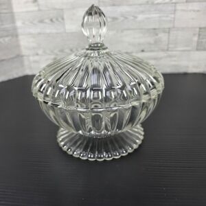 Vintage Jeannette Glass "National " Pattern Candy Dish, Lidded, Footed Compote.